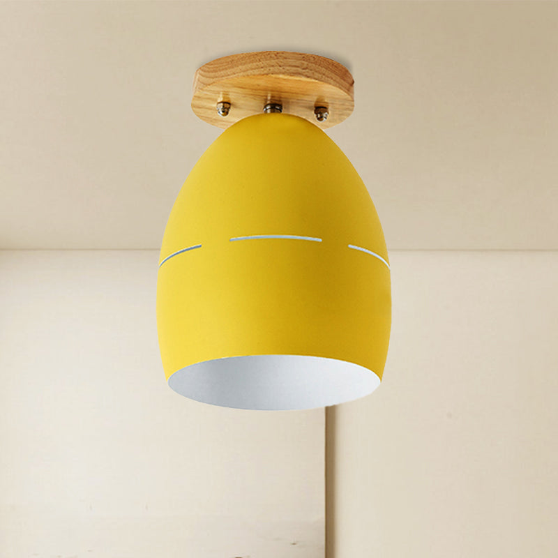 Modern Metal Semi-Flush Ceiling Light - 1 Light Oval Semi Flush Mount Lighting in Pink/Yellow/Green for Bedroom