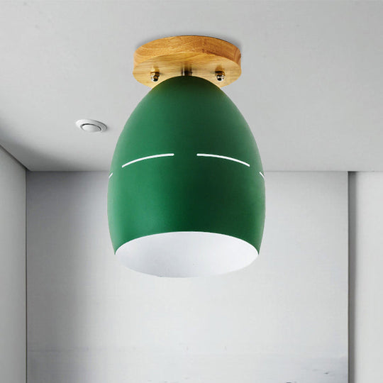 Modern Metal Semi-Flush Ceiling Light - 1 Light Oval Semi Flush Mount Lighting in Pink/Yellow/Green for Bedroom