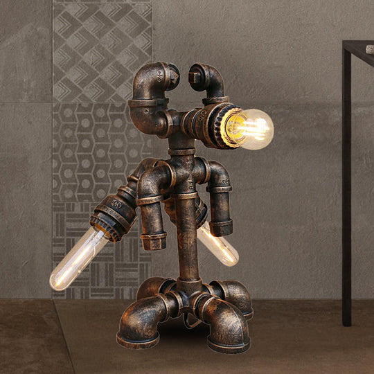 Bronze Steampunk Exposed Bulb Table Light With Pipe-Like Base - 1 Head Wrought Iron Standing Lamp