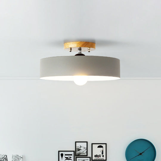 Modern Semi-Mount Drum Light: 1-Light 12" W Metal Fixture in Gray/White/Red/Pink for Living Room Ceiling