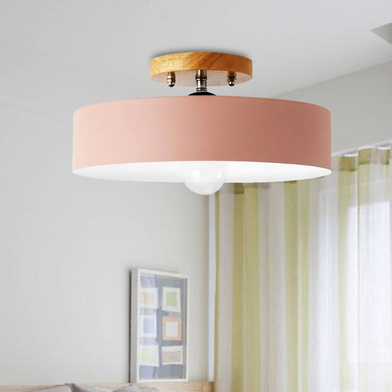 Modern Semi-Mount Drum Light: 1-Light 12" W Metal Fixture in Gray/White/Red/Pink for Living Room Ceiling