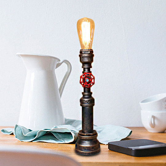 Industrial Bronze Metallic Plumbing Pipe Table Light With Open Bulb And Valve