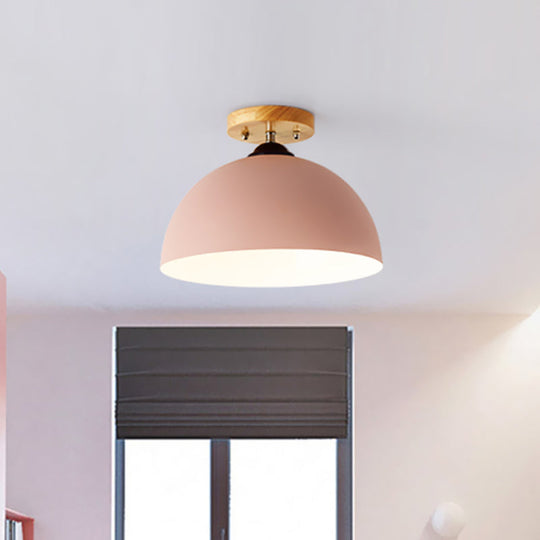 Metallic 1 Head Semi Flush Ceiling Light In Red/Pink/White/Gray For Bedroom - 12 Wide