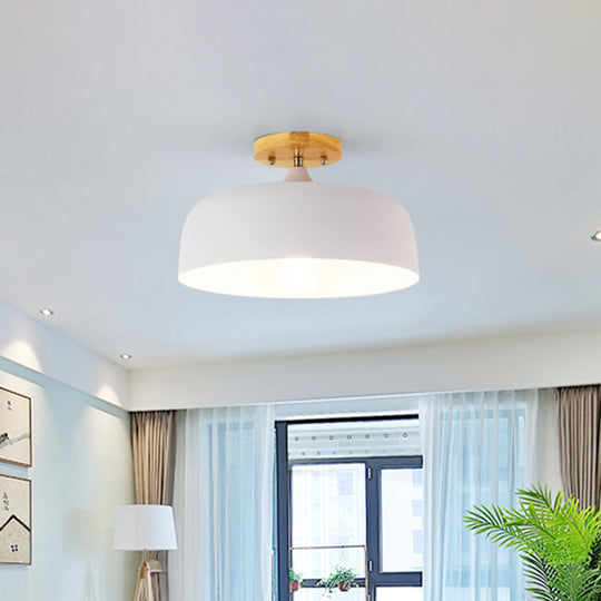 Semi-Flushmount Ceiling Light: 1-Light Gray W/ White Pink & Green Drum Lampshade - Simple Stylish