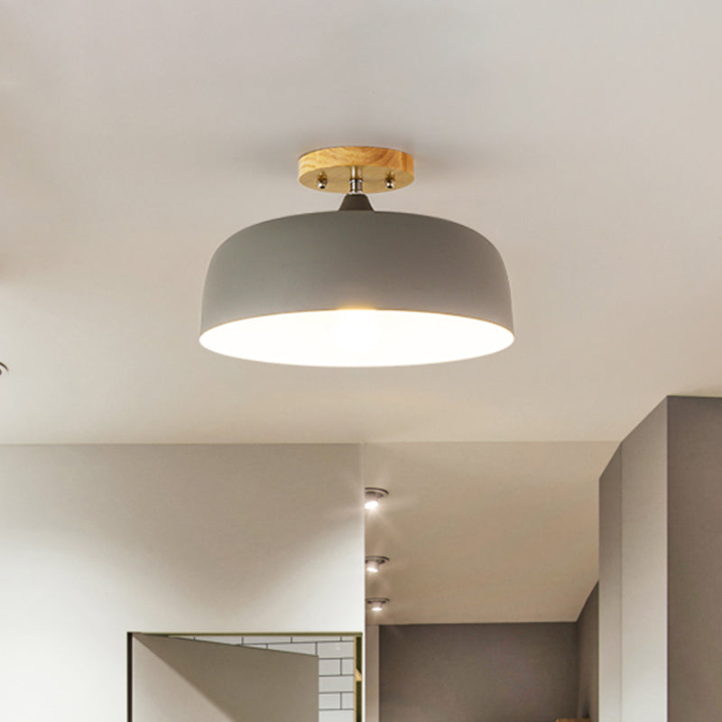 Semi-Flushmount Ceiling Light: 1-Light Gray W/ White Pink & Green Drum Lampshade - Simple Stylish