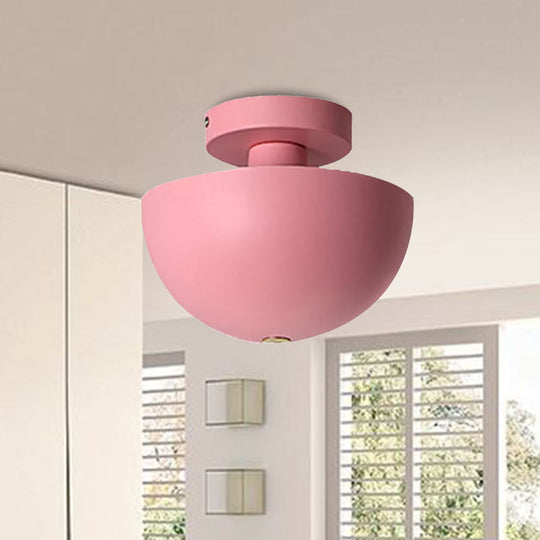 Contemporary Metal Dining Room Semi Flush Mount Ceiling Light - Pink/Yellow/Navy Bowl Design - Single Bulb Illumination