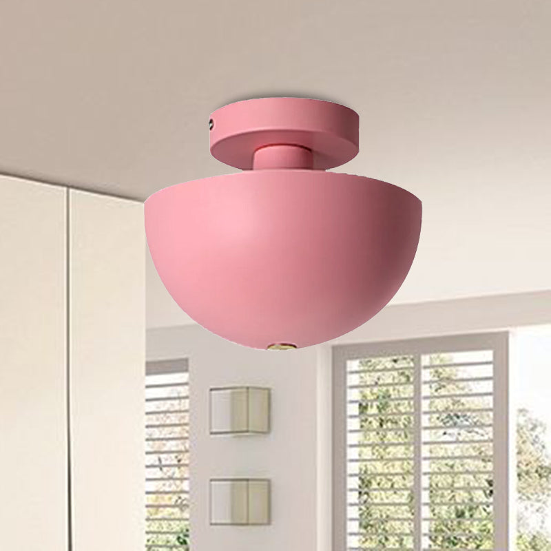 Contemporary Metal Dining Room Semi Flush Mount Ceiling Light - Pink/Yellow/Navy Bowl Design Single