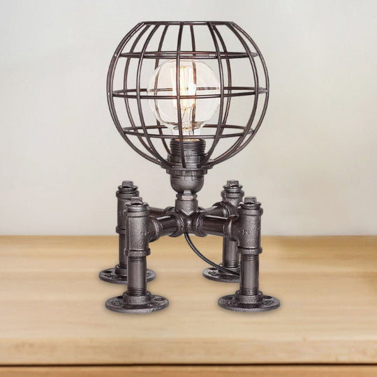 Rustic 1-Light Cage Table Lamp With Aged Silver/Bronze Finish - Farmhouse Style