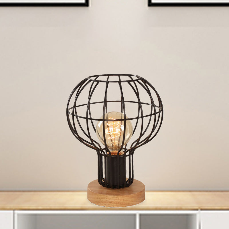 Industrial Stylish Table Lamp With Wire Guard For Bedroom - Metal And Wood Task In Black