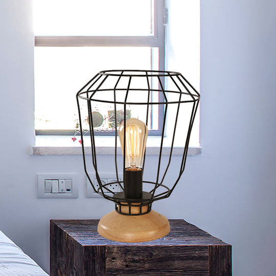 Industrial Stylish Table Lamp With Wire Guard For Bedroom - Metal And Wood Task In Black