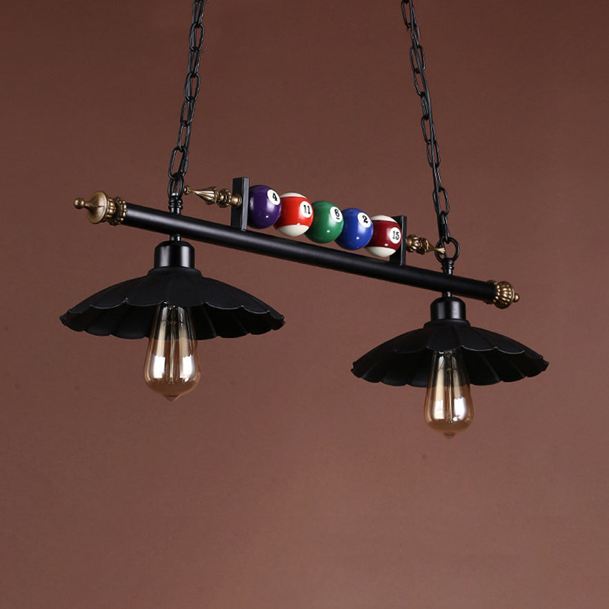 Vintage Style Black Metal Island Chandelier With Ruffled Edge - Ideal For Billiard Room