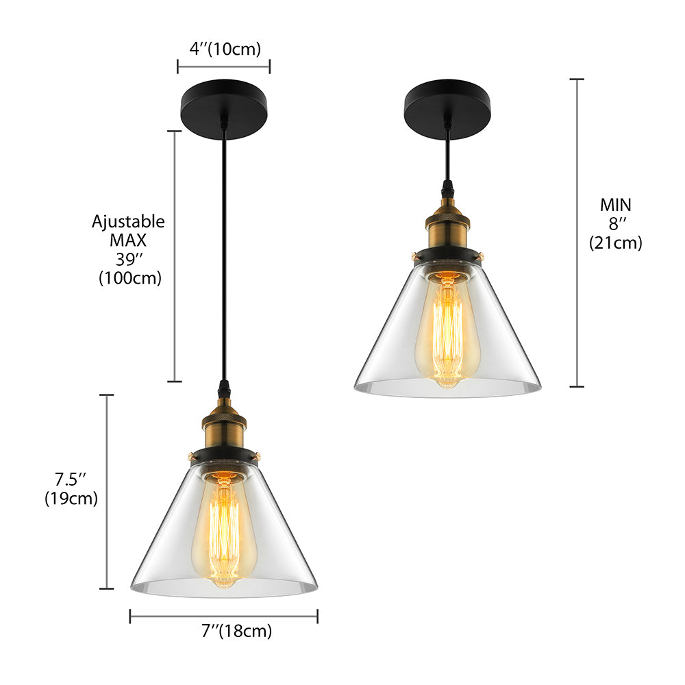 Wide Cone Pendant Light - Industrial Grey/Brown/Clear Glass Hang Lamp - 5.5"/7" - Bronze