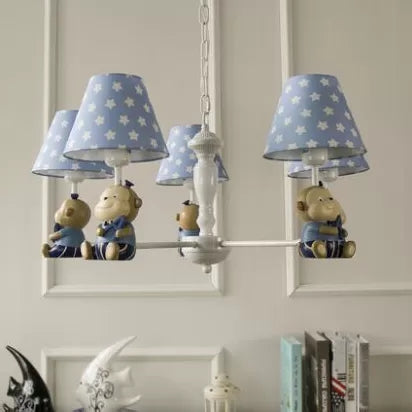 Tapered Shade Chandelier With Monkey Accent - Ideal For Kids Dining Room