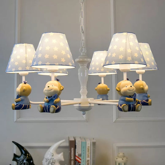 Tapered Shade Chandelier With Monkey Accent - Ideal For Kids Dining Room