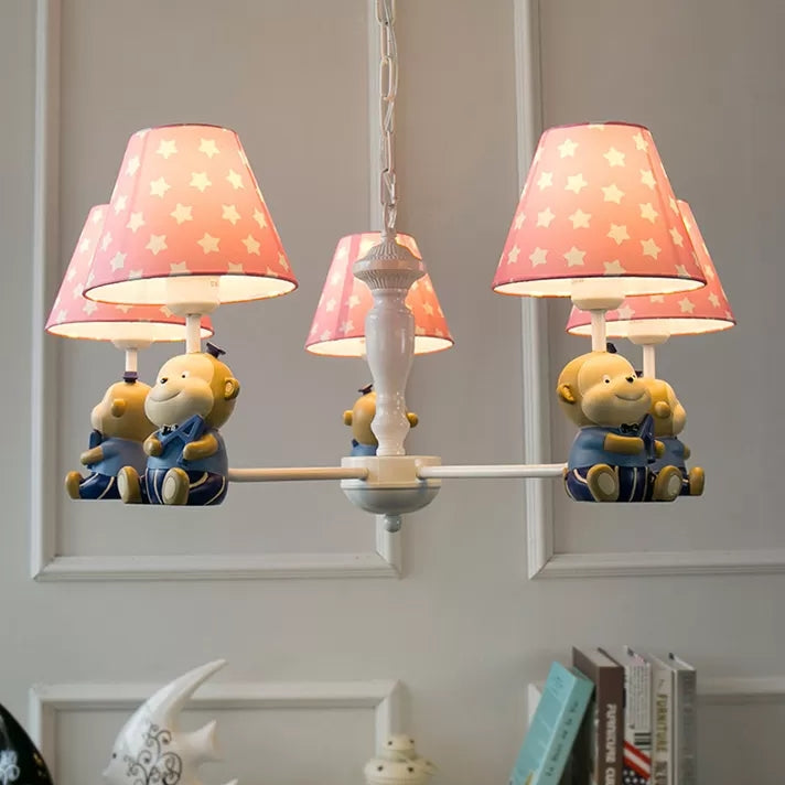 Tapered Shade Chandelier With Monkey Accent - Ideal For Kids Dining Room