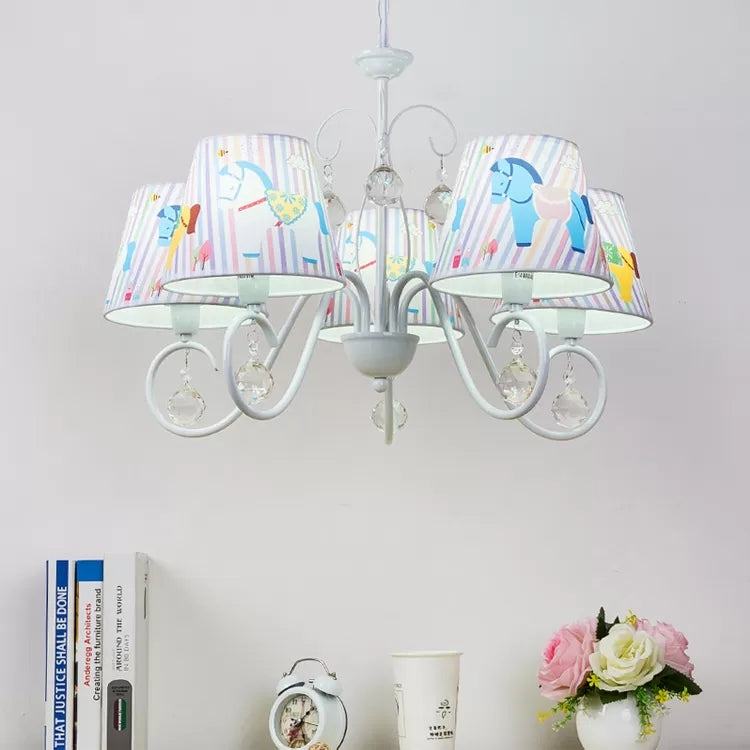 Cartoon Pony 5-Light Hanging Chandelier With Tapered White Shade For Nursing Room