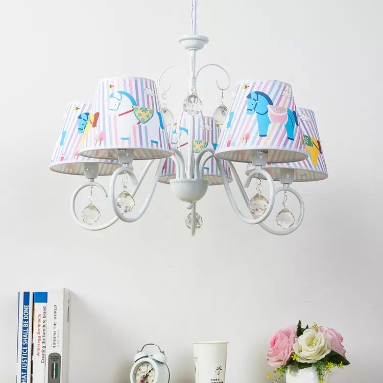 Cartoon Pony 5-Light Hanging Chandelier With Tapered White Shade For Nursing Room