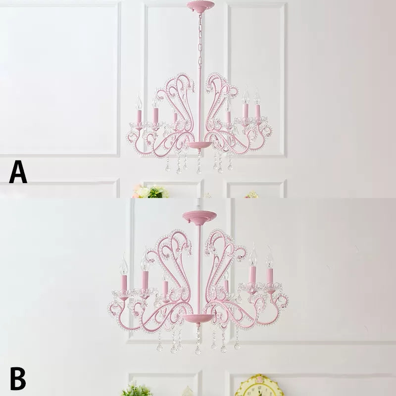 Pink Crystal Bead Metal Chandelier - Modern Hanging Light For Candle Restaurant