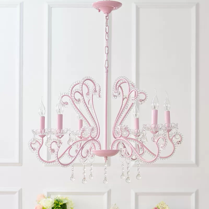 Pink Crystal Bead Metal Chandelier - Modern Hanging Light For Candle Restaurant