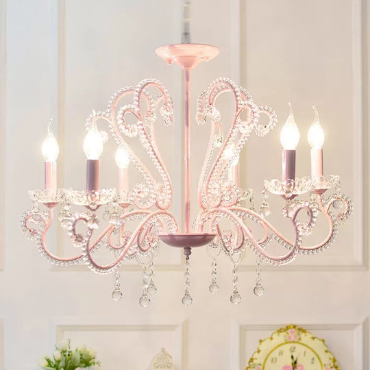 Pink Crystal Bead Metal Chandelier - Modern Hanging Light For Candle Restaurant