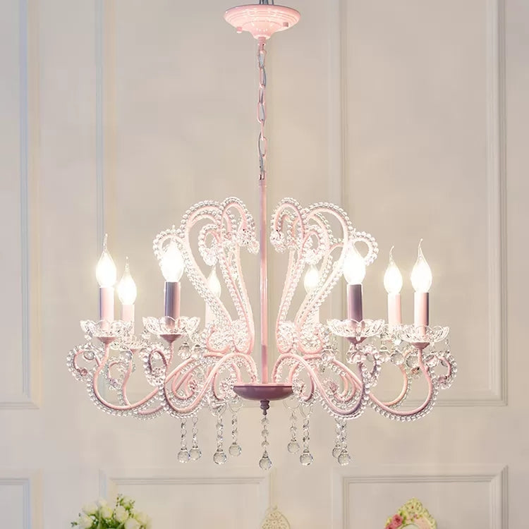 Pink Crystal Bead Metal Chandelier - Modern Hanging Light For Candle Restaurant