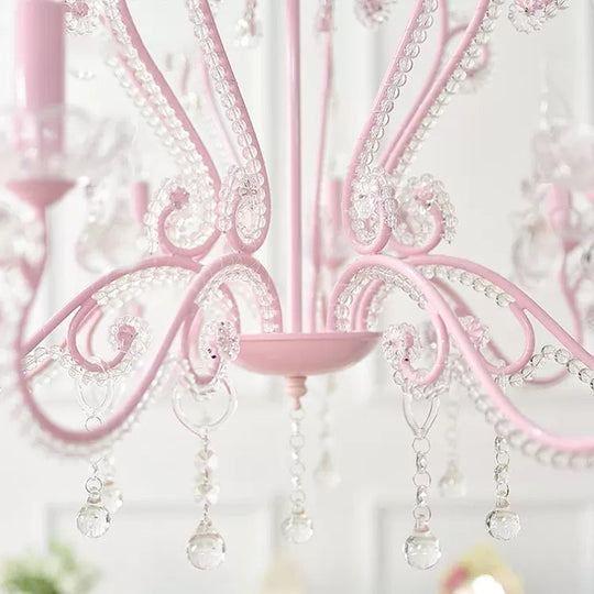 Pink Crystal Bead Metal Chandelier - Modern Hanging Light For Candle Restaurant