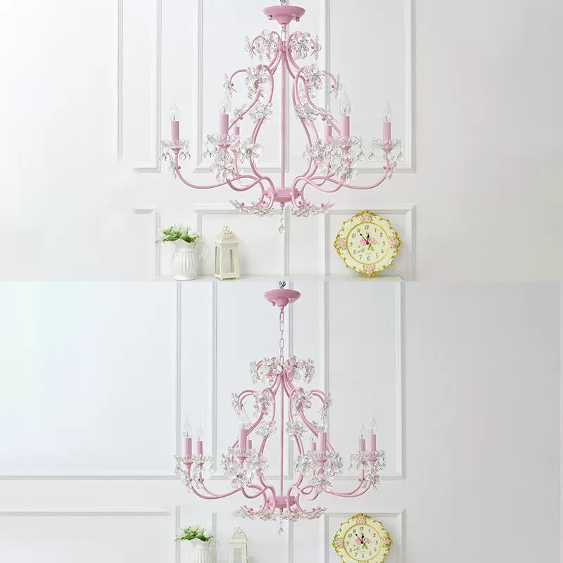 Pink Crystal Kids Metal Chandelier: Candle-Shaped Hanging Light With Clear Crystals For Dining Room