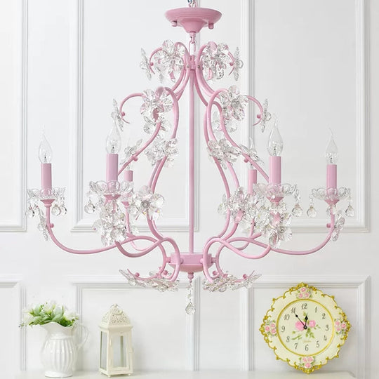 Pink Crystal Kids Metal Chandelier: Candle-Shaped Hanging Light With Clear Crystals For Dining Room