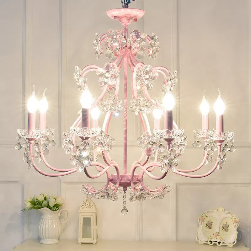 Pink Crystal Kids Metal Chandelier: Candle-Shaped Hanging Light With Clear Crystals For Dining Room