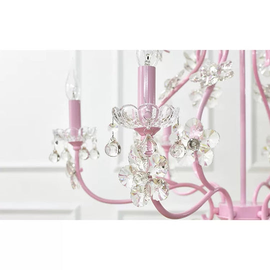 Pink Crystal Kids Metal Chandelier: Candle-Shaped Hanging Light With Clear Crystals For Dining Room