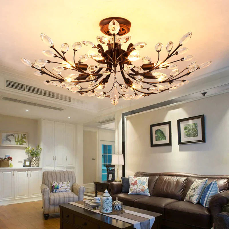 Country Retro Living Room Lamp Crystal Wrought Iron Ceiling Lamp