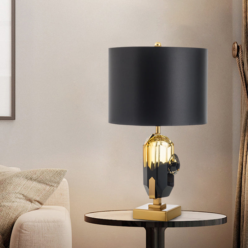 Modern Black Night Table Lamp With Crystal Base: Straight Sided Shade Fabric 1 Bulb