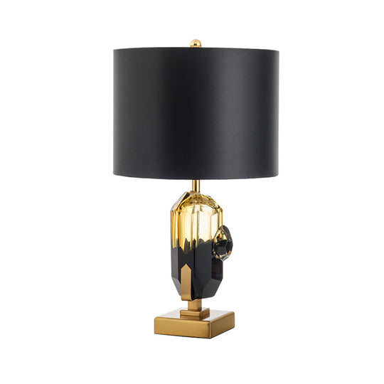 Modern Black Night Table Lamp With Crystal Base: Straight Sided Shade Fabric 1 Bulb