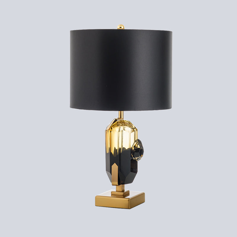 Modern Black Night Table Lamp With Crystal Base: Straight Sided Shade Fabric 1 Bulb