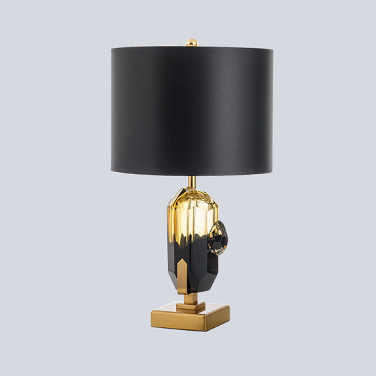 Modern Black Night Table Lamp With Crystal Base: Straight Sided Shade Fabric 1 Bulb