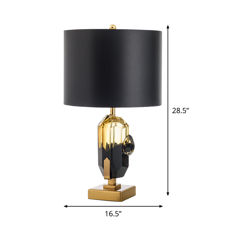 Modern Black Night Table Lamp With Crystal Base: Straight Sided Shade Fabric 1 Bulb