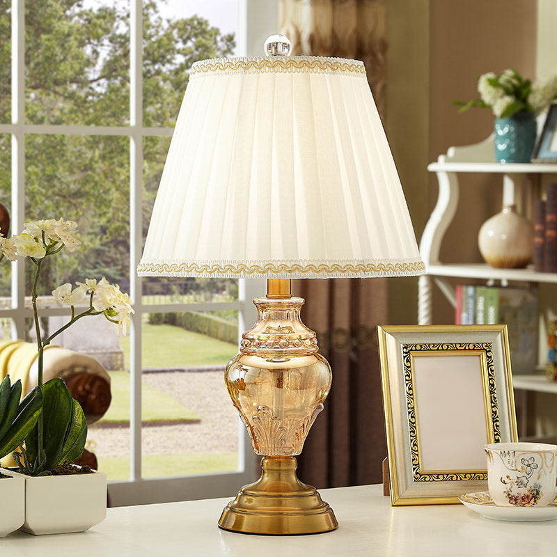 Modernist Fabric Desk Lamp With Crystal Base - Conical Design Beige Color