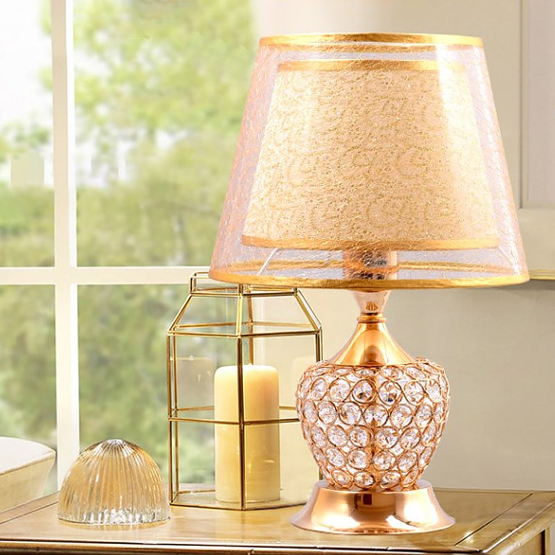 Modern Gold Desk Lamp With Crystal Bead - Small Flared Shade Fabric Flair 1 Head