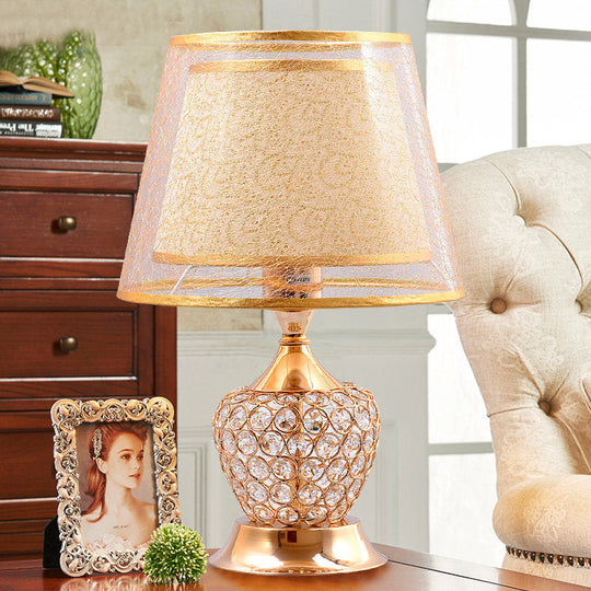 Modern Gold Desk Lamp With Crystal Bead - Small Flared Shade Fabric Flair 1 Head