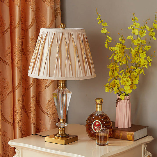 Modernist Tapered/Basket Task Light Hand-Cut Crystal Nightstand Lamp In Brown