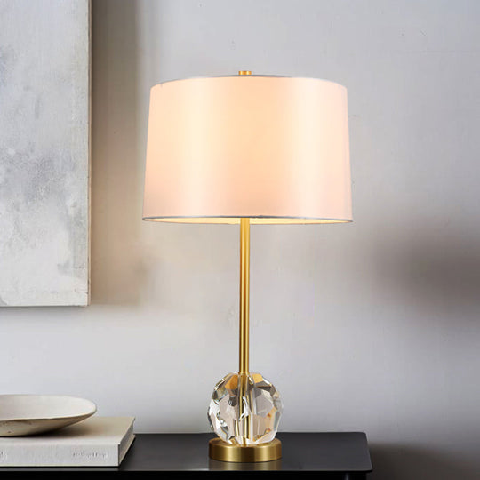 Modernist Gold Task Lamp With Crystal Ball - Fabric Drum Shade 1 Bulb Reading Light