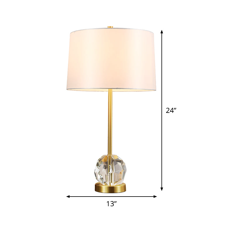 Modernist Gold Task Lamp With Crystal Ball - Fabric Drum Shade 1 Bulb Reading Light