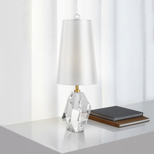 White Geometric Fabric Desk Lamp With Beveled Crystal Accent - Simplistic 1-Head Night Table Light