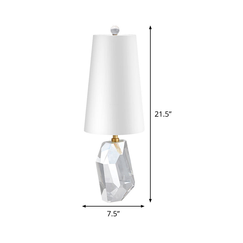 White Geometric Fabric Desk Lamp With Beveled Crystal Accent - Simplistic 1-Head Night Table Light