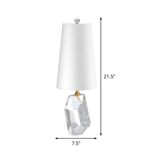 White Geometric Fabric Desk Lamp With Beveled Crystal Accent - Simplistic 1-Head Night Table Light