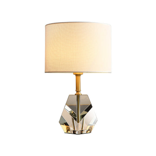 Modern Geometric Desk Lamp With Crystal Accents - Sleek White Table Light Fabric Shade