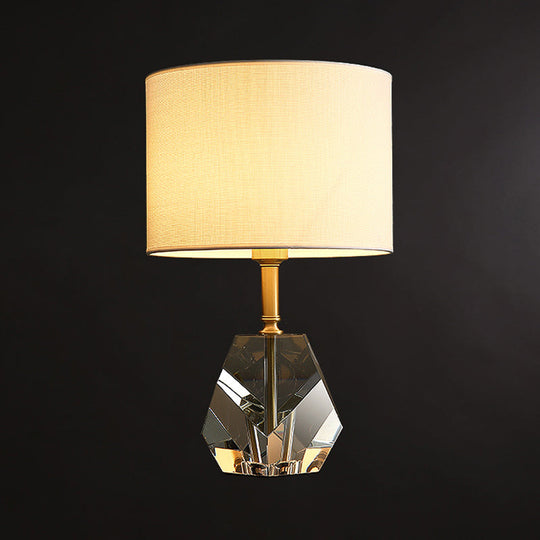 Modern Geometric Desk Lamp With Crystal Accents - Sleek White Table Light Fabric Shade