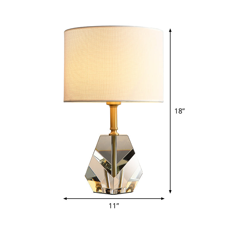 Modern Geometric Desk Lamp With Crystal Accents - Sleek White Table Light Fabric Shade