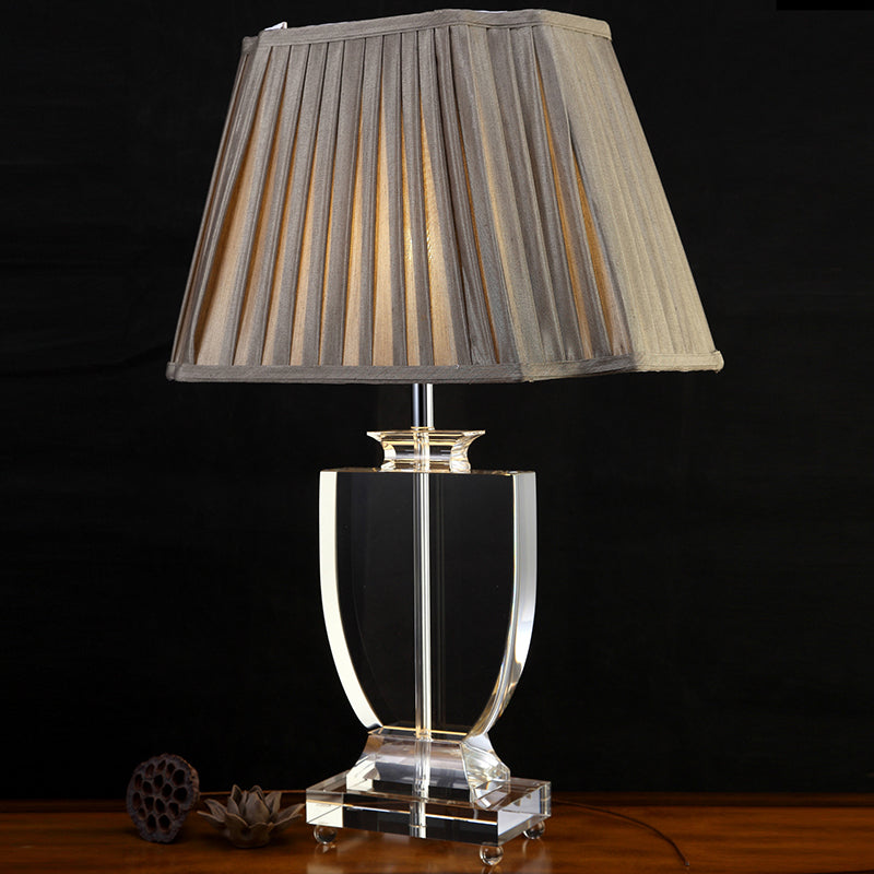 Contemporary Grey Fabric Task Light - Clear Crystal Reading Lamp With Jar Shape 1 Bulb