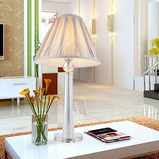 Sleek Crystal Task Lamp With Wide Flare Simplicity Fabric Beige Nightstand Light For Bedside